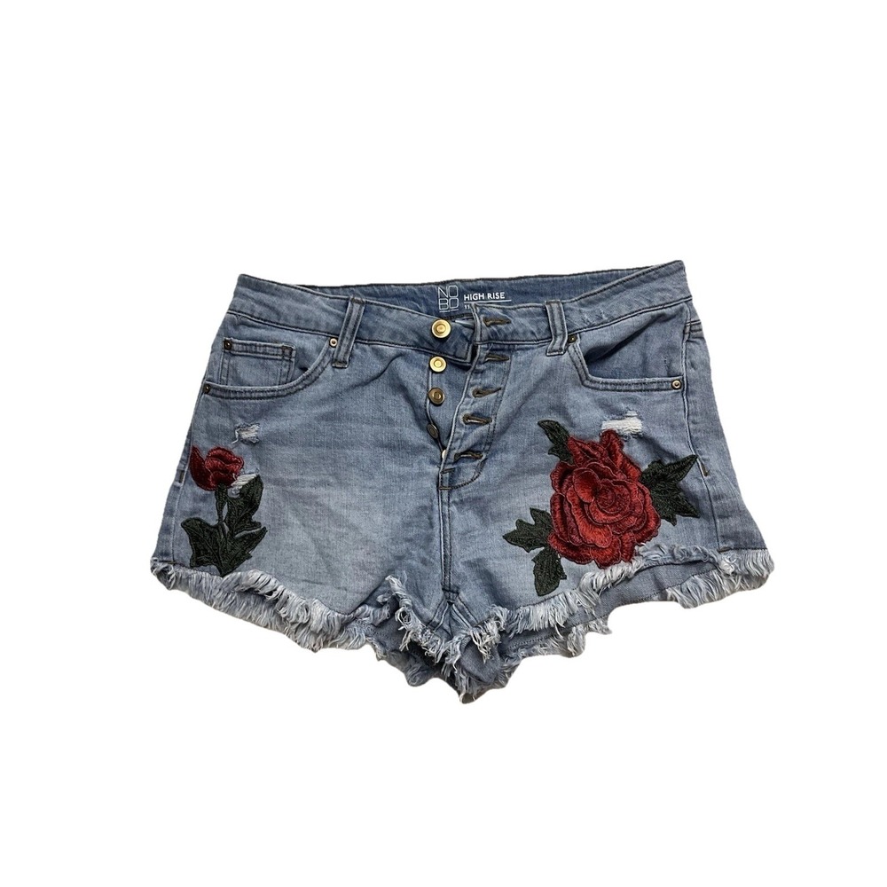 NO BO HIGH RISE DISTRESSED EMBROIDERY FLOWER CUT OFF BLUE BUTTON UP SHORTS S11